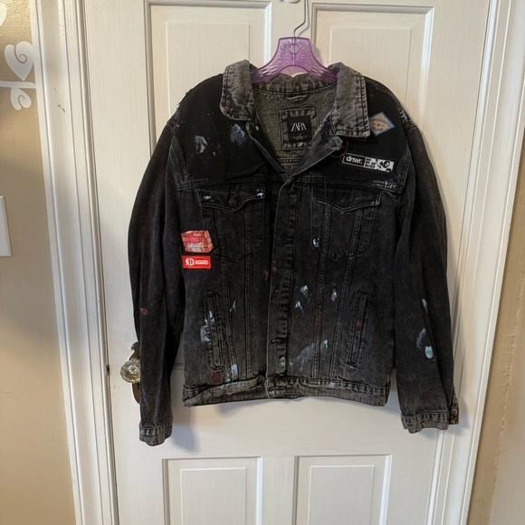 Zara Men's paint splatter black denim jean jacket medium men. - Picture 1 of 8